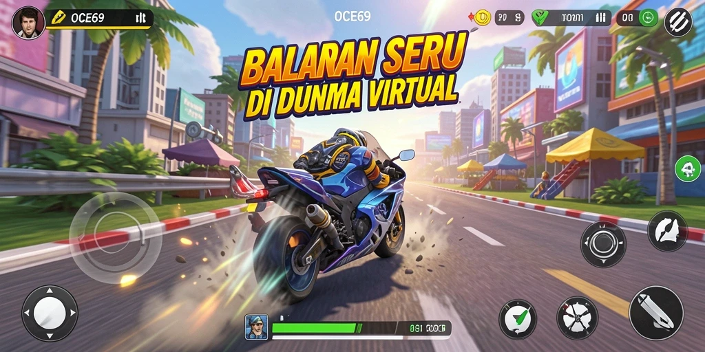 Tampilan gameplay seru saat balapan di OCE69, dengan grafis memukau.